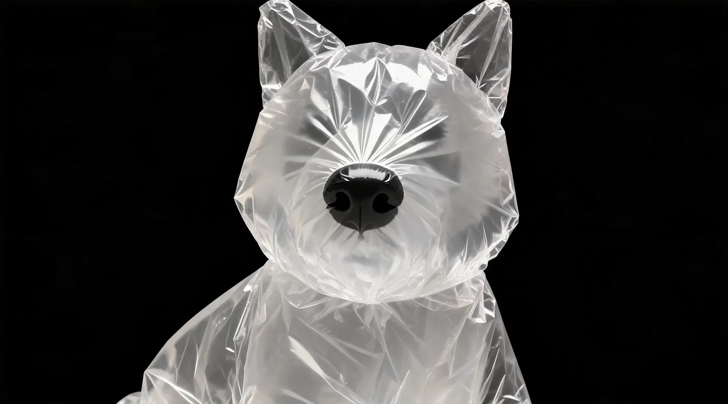 A translucent sculptural dog suspended against black.