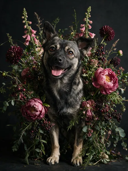 黑脸 surrounded by flowers in a formal studio portrait.