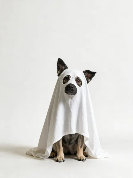 黑脸 wearing a white ghost costume in a studio portrait.