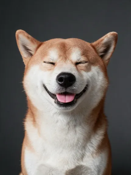 Smiling studio portrait of Kaze, an orange-and-white Shiba Inu.