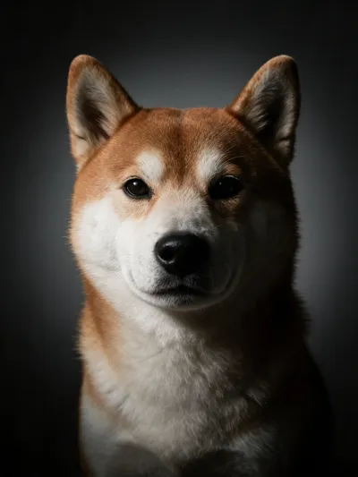Close-up studio portrait of Kaze, an orange-and-white Shiba Inu.