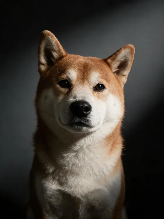 Kaze, an orange-and-white Shiba Inu, in a formal studio portrait.