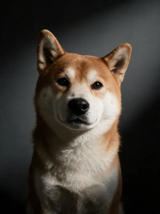 Kaze, an orange-and-white Shiba Inu in a formal studio portrait.