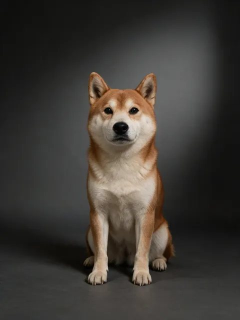 Full-body studio portrait of Kaze, an orange-and-white Shiba Inu.