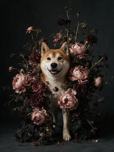 Kaze, an orange-and-white Shiba Inu, surrounded by flowers.