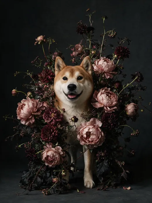 Kaze, an orange-and-white Shiba Inu, surrounded by flowers.
