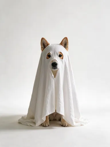 Kaze, an orange-and-white Shiba Inu, wearing a white ghost costume.