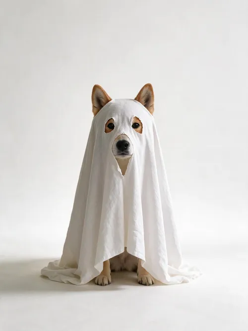 Kaze, an orange-and-white Shiba Inu, wearing a white ghost costume.